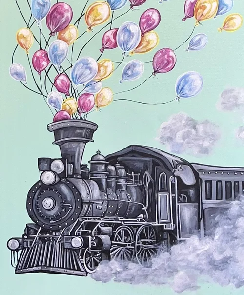 Steam locomotive releasing balloons from its smokestack, painting by Rylee Spada